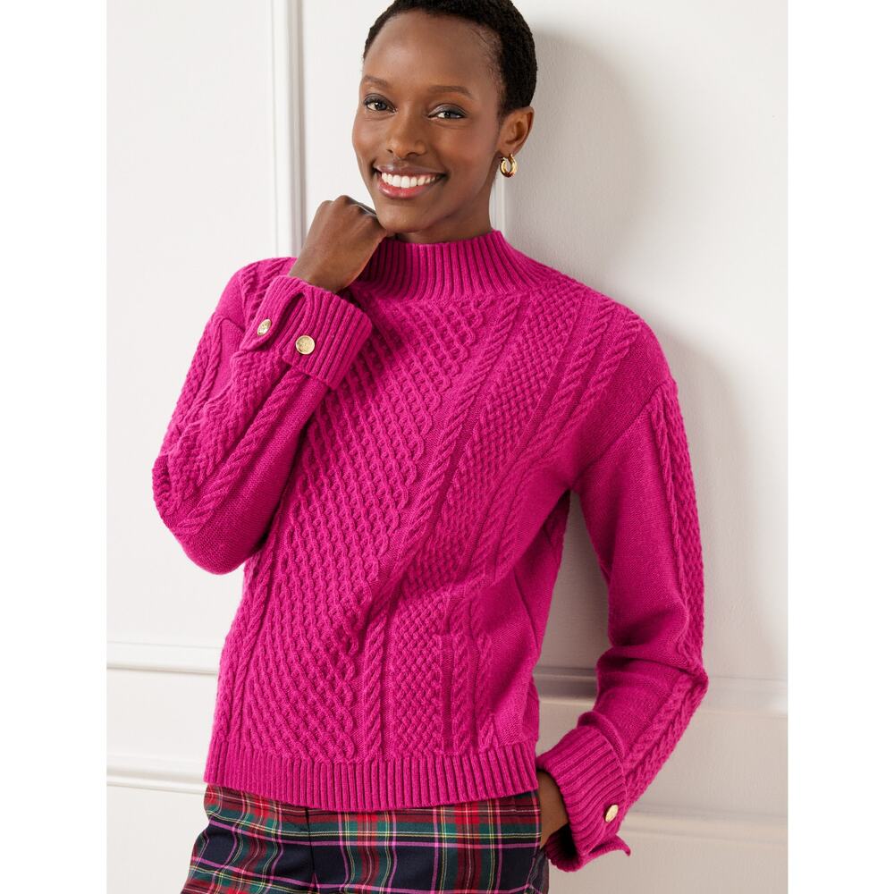 Talbots Cable Knit Button Cuff Sweater Vivid Berry Large Classy Sophisticated